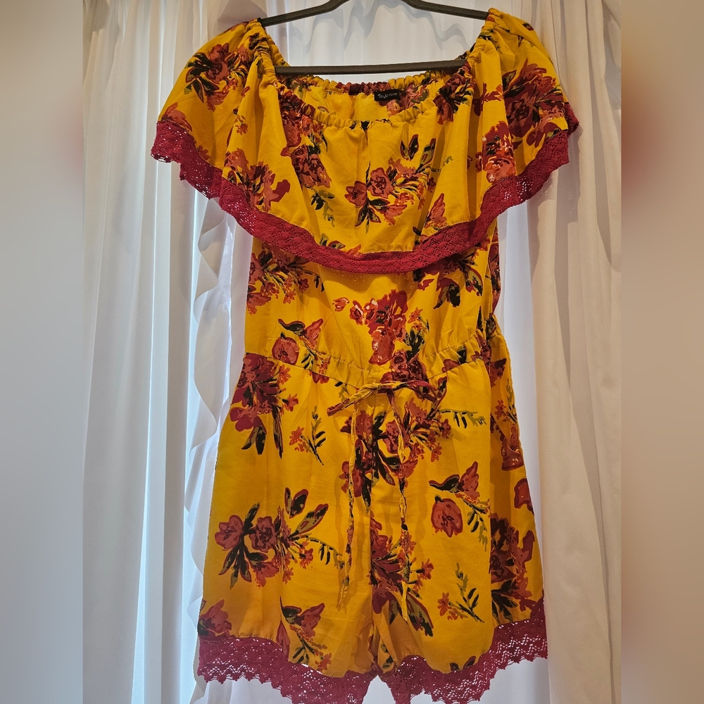 Floral Yellow Romper with Red Accents